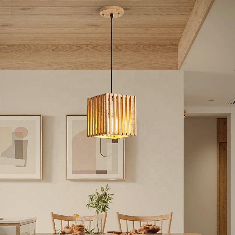 Nordic Creative square wooden led pendant lamp for dining bedroom bedside single head wood hanging light fixture