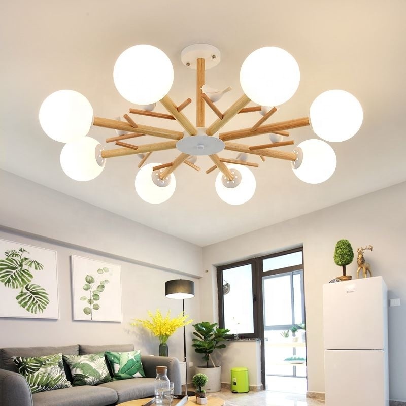 Garden style fresh bird wooden lighting 6 bulbs hanging ceiling pendant Nordic solid wood living room bedroom ceiling lights