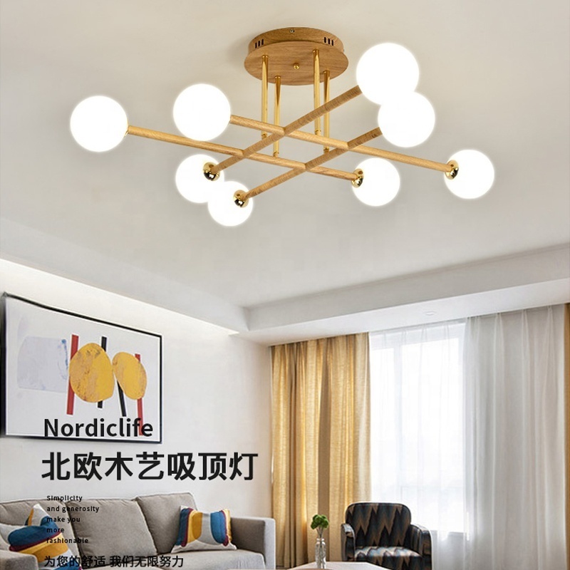 Nordic modern Sputnik 6-Light wood grain Ceiling Light Fixture for bedroom Retro round glass Child Kid Chandelier Lighting