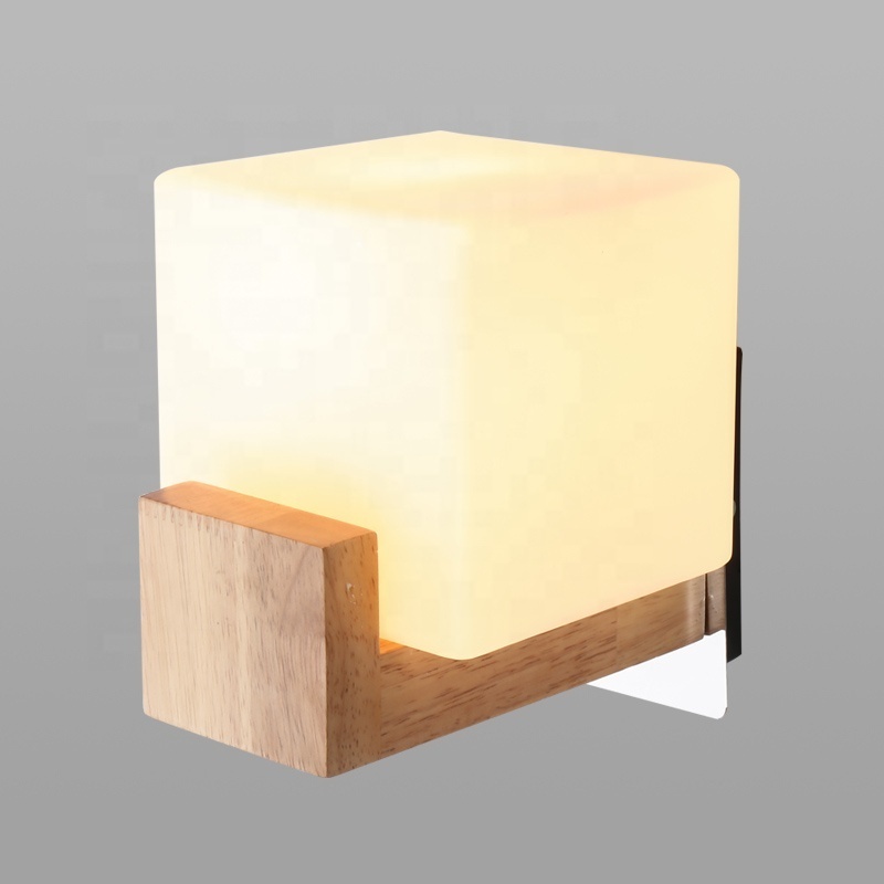 Modern Square Glass Fixture Wall Light E27 Home Indoor Lighting Corridor wood base wall lamp for bedroom