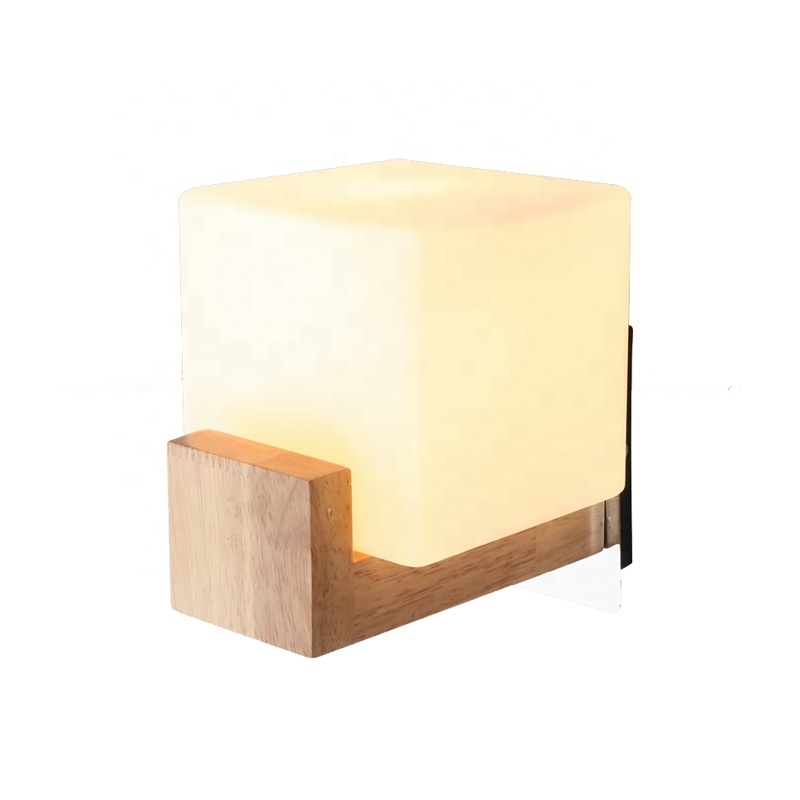 Modern Square Glass Fixture Wall Light E27 Home Indoor Lighting Corridor wood base wall lamp for bedroom