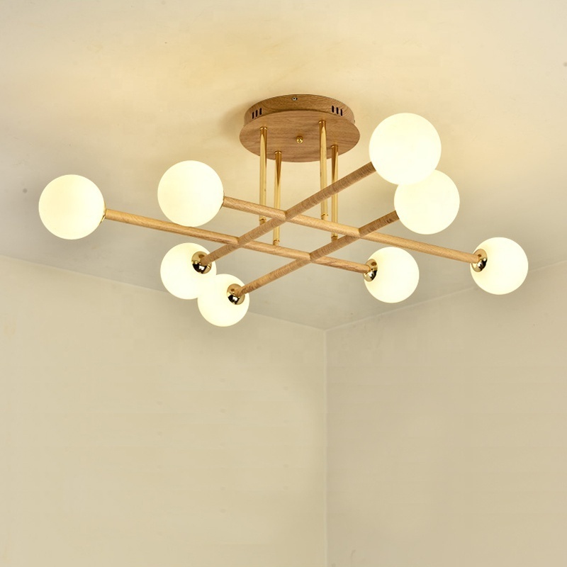 Nordic modern Sputnik 6-Light wood grain Ceiling Light Fixture for bedroom Retro round glass Child Kid Chandelier Lighting