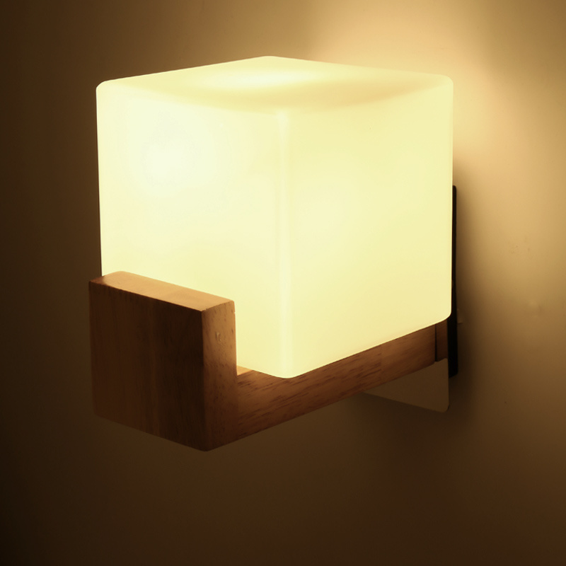 Modern Square Glass Fixture Wall Light E27 Home Indoor Lighting Corridor wood base wall lamp for bedroom