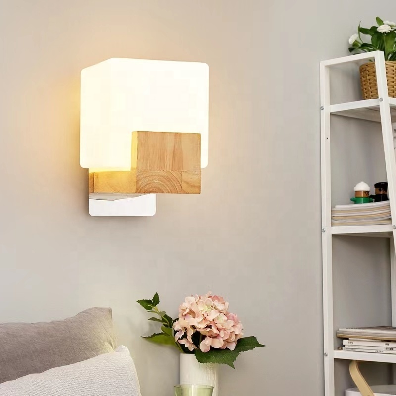 Modern Square Glass Fixture Wall Light E27 Home Indoor Lighting Corridor wood base wall lamp for bedroom