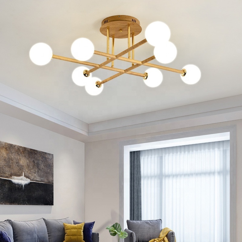 Nordic modern Sputnik 6-Light wood grain Ceiling Light Fixture for bedroom Retro round glass Child Kid Chandelier Lighting