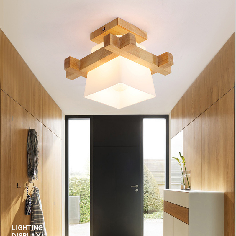 Japanese style entrance wood LED ceiling lamp for home Nordic glass shade E27 solid wood ceiling lights fixture for balcony