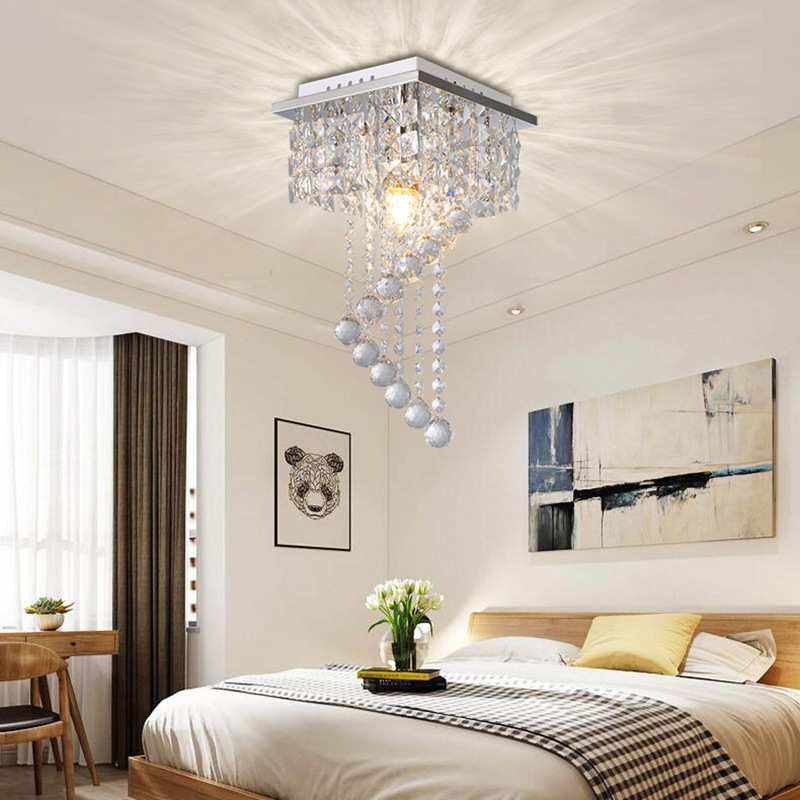 Modern Mini Chrome gold Square Led Crystal Chandelier Small Flush Mount Ceiling Light Fixtures For Hallway Bedrooms Dining Room