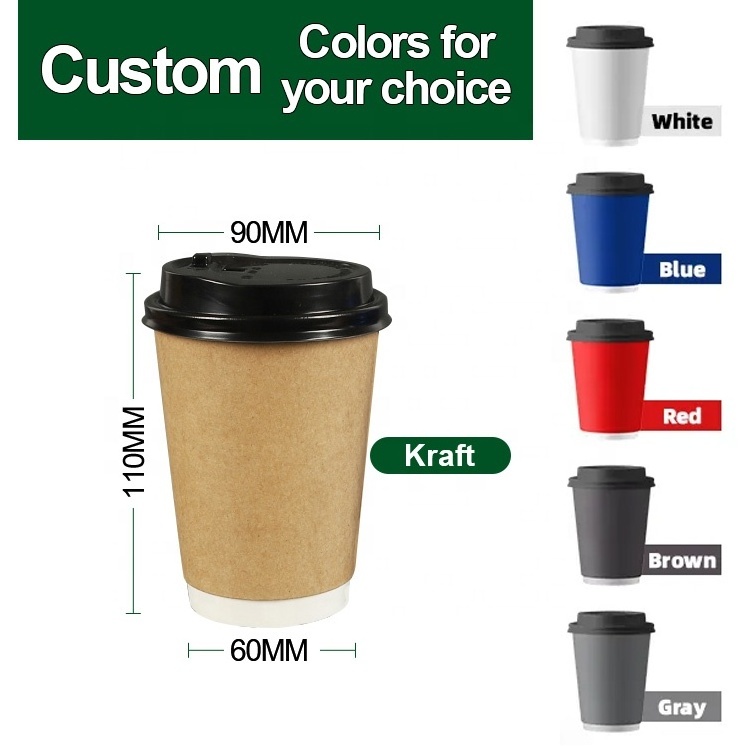 Custom Printing Logo Cup Biodegradable Disposable Black Double Coated Paper Coffee Cup with Plastic Lids