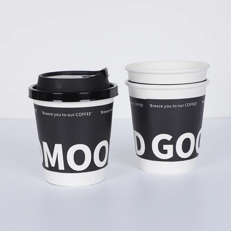 Custom Printing Logo Cup Biodegradable Disposable Black Double Coated Paper Coffee Cup with Plastic Lids