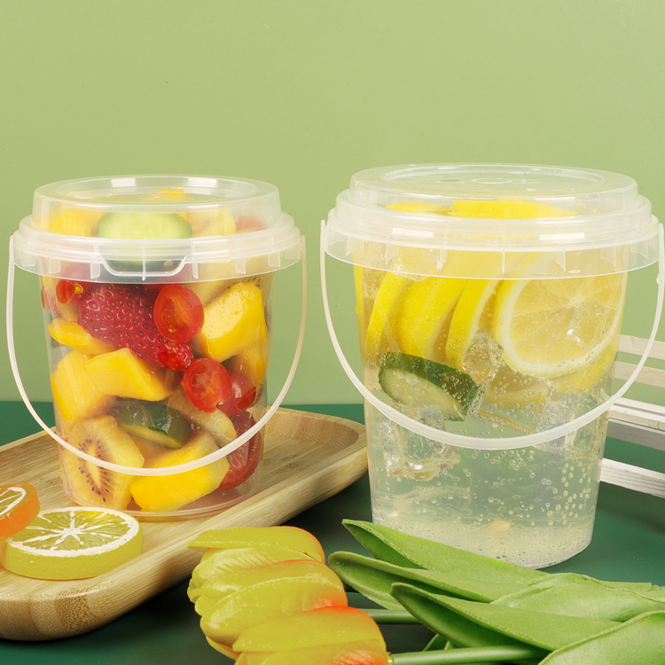 32 Oz Plastic Drink Wholesale Disposable Fresh Takeaway Fruits Container Buckets Clear Bucket Cups With Handle Lid