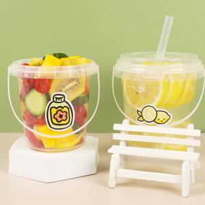 32 Oz Plastic Drink Wholesale Disposable Fresh Takeaway Fruits Container Buckets Clear Bucket Cups With Handle Lid