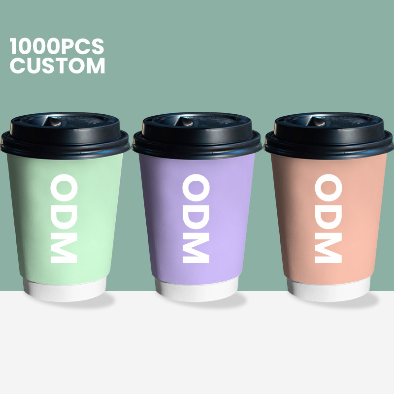 Custom Printing Logo Cup Biodegradable Disposable Black Double Coated Paper Coffee Cup with Plastic Lids