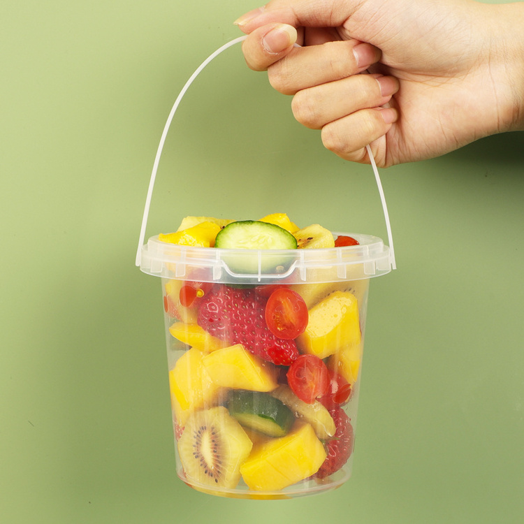 32 Oz Plastic Drink Wholesale Disposable Fresh Takeaway Fruits Container Buckets Clear Bucket Cups With Handle Lid