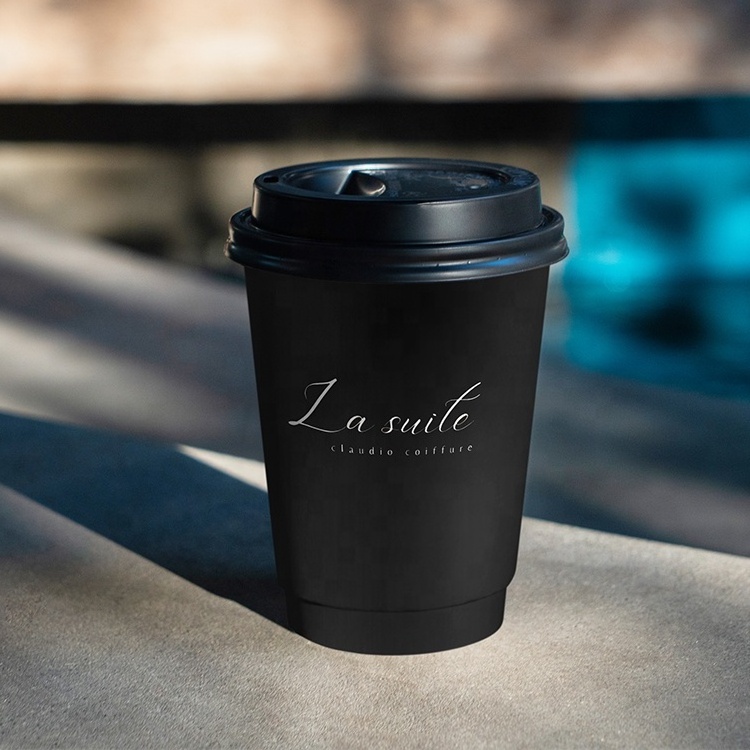 Custom Printing Logo Cup Biodegradable Disposable Black Double Coated Paper Coffee Cup with Plastic Lids