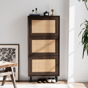 New Design Contemporary Elegant Large Capacity Save Space Rattan Walnut Wooden Entrance Shoe Cabinet For Entryway