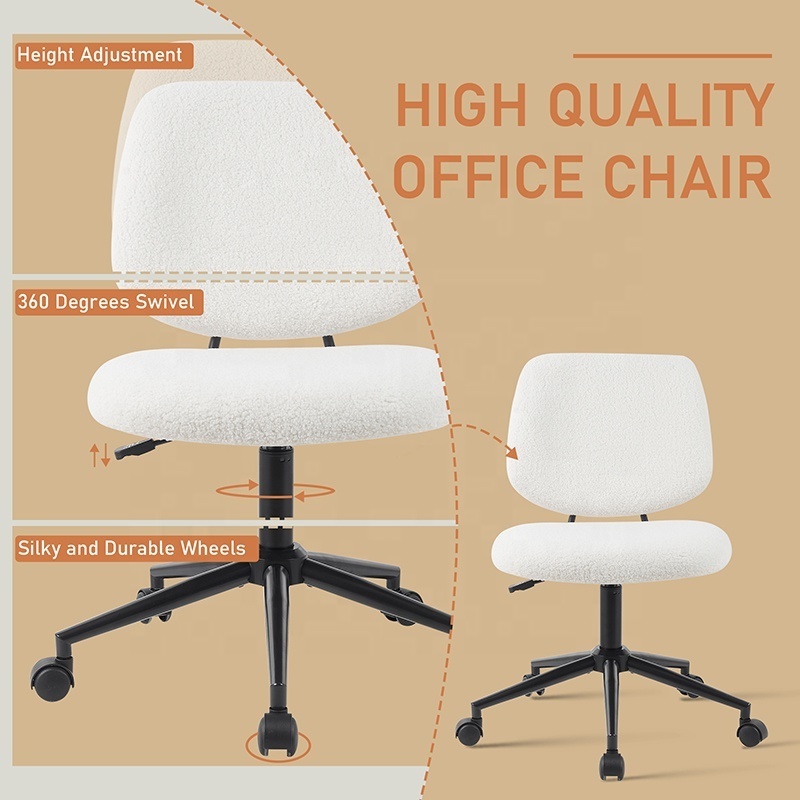 2024 Luxury Mid-Back Armless Office Chair White Boucle Fabric Iron Black Leg Modern Accent Chairs for Living Room & Bedroom