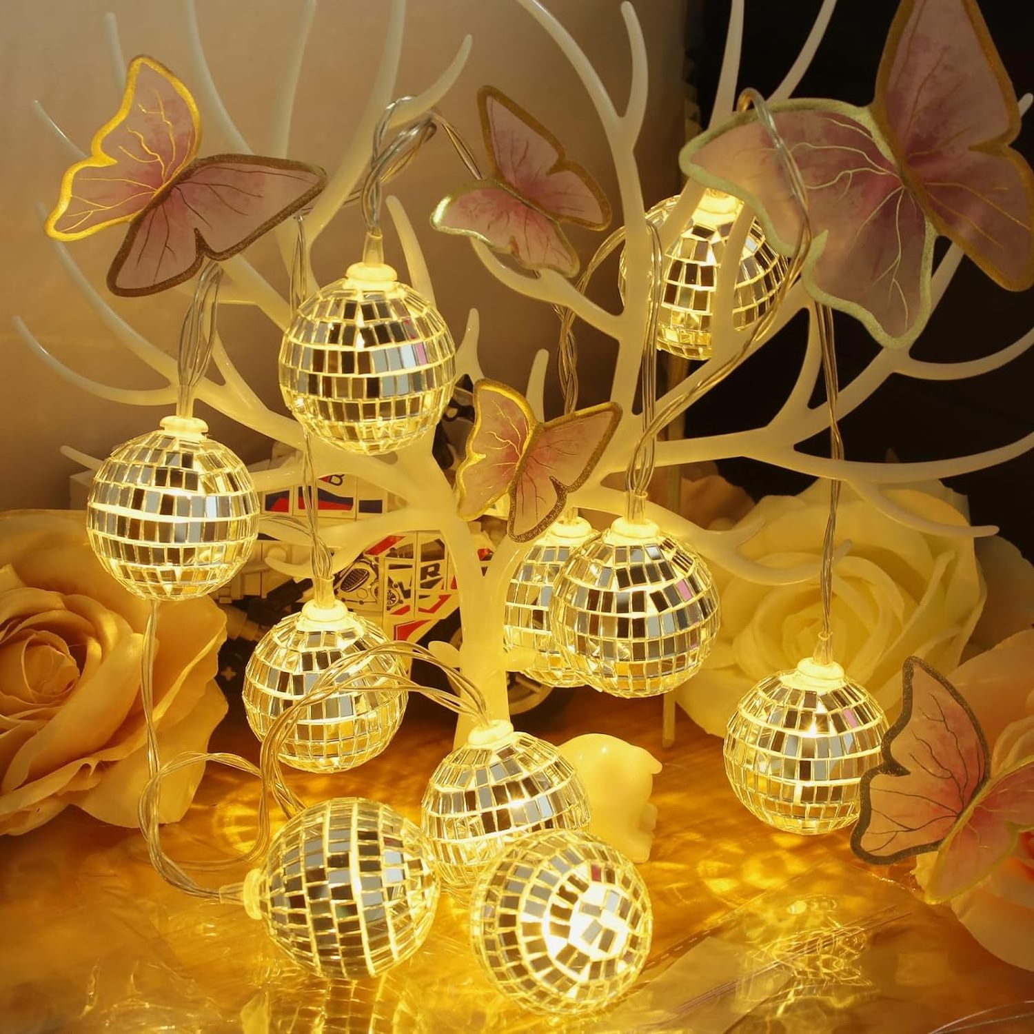 Mini Mirror Disco Balls String Lights Hanging  Party Light Garland Dance Ornaments for Xmas Tree Decoration Holiday Wall Window