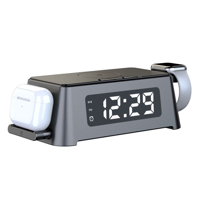 Multi Function Smart Digital Alarm Clock Mobile Phone 4 in 1 Qi 15W Fast Charging Stand Station Wireless Charger For Table 2023