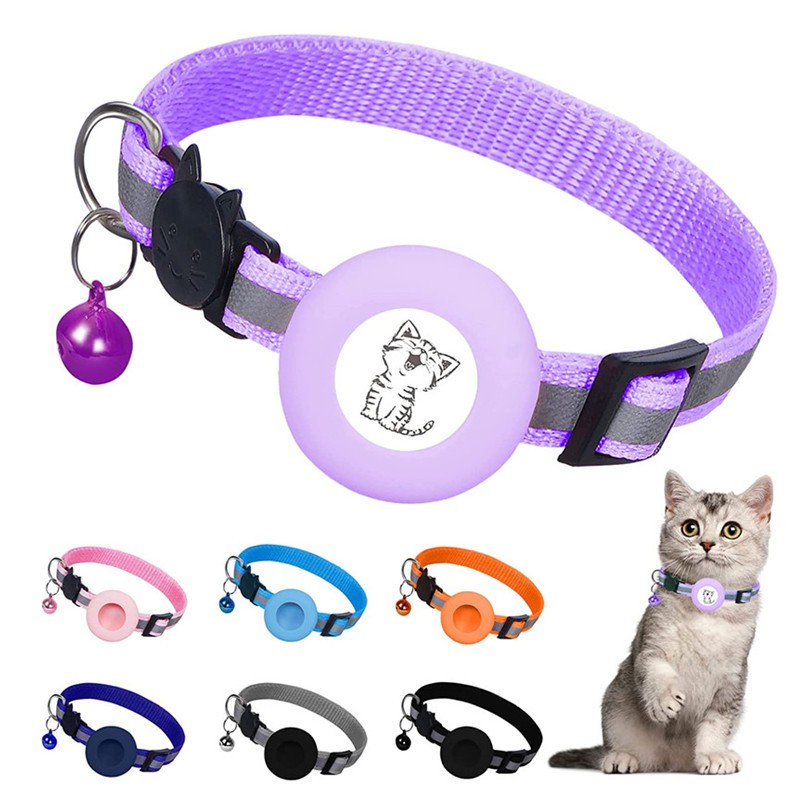 Adjustable Reflective Airtag ID Tag Bell Cat Collar for Cat Dog Kitten Puppy