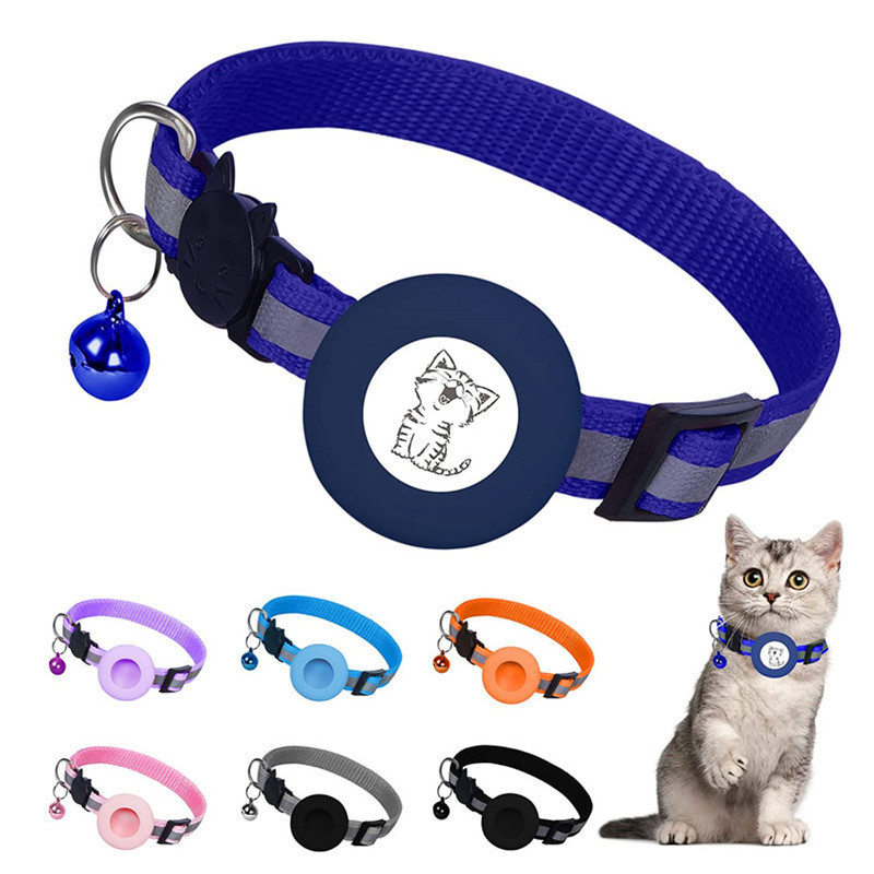 Adjustable Reflective Airtag ID Tag Bell Cat Collar for Cat Dog Kitten Puppy