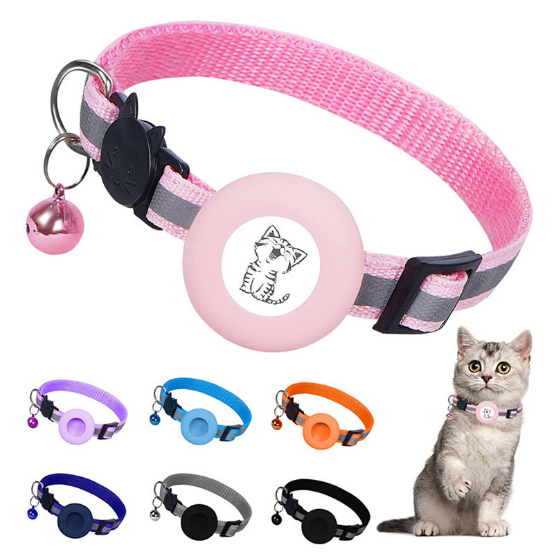 Adjustable Reflective Airtag ID Tag Bell Cat Collar for Cat Dog Kitten Puppy