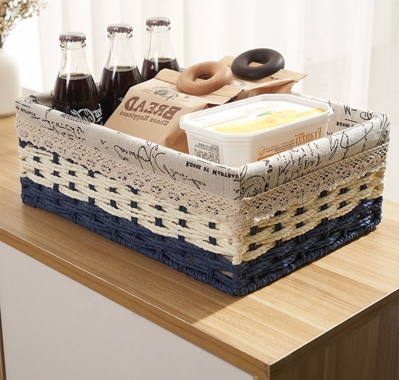 Hand-Woven Paper Rope Storage Basket Metal Desktop Cosmetics Coffee Table Storage Box Cloth Cover Hanging Wicker Basket