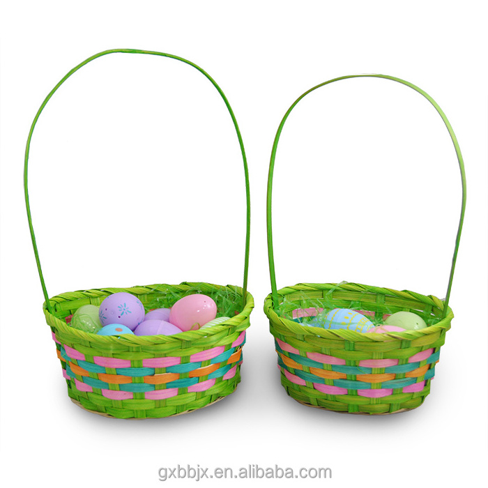 15'' Wholesale Hand-woven Round Rainbow Bamboo Easter Baskets With Handle