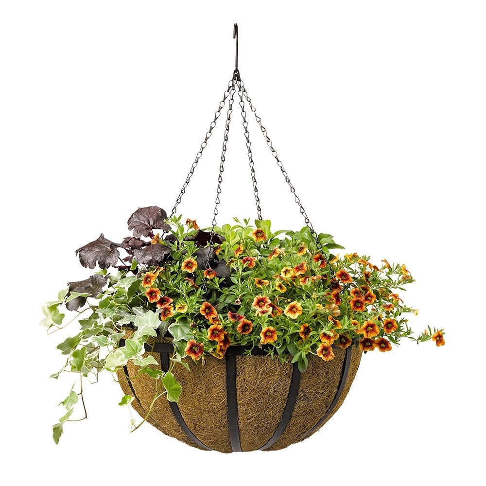 Metal Hanging Planter Basket Round Wire Plant Holder Pots Hanger Iron with Chain Porch Decor Flower with Coco Coir Liner 14 Inch