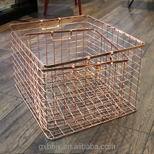 Wholesales Household Storage Copper Plating Rose Gold Rectangle Wire Organizer Basket With Handles