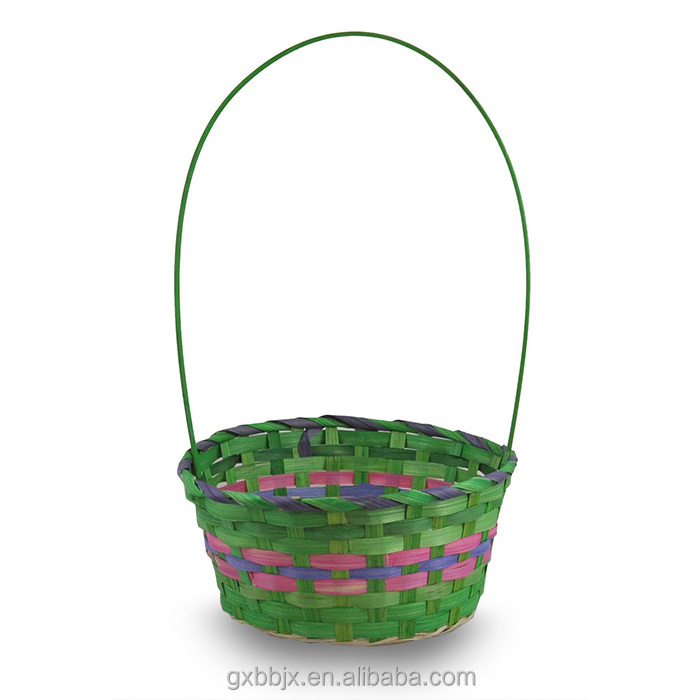 15'' Wholesale Hand-woven Round Rainbow Bamboo Easter Baskets With Handle