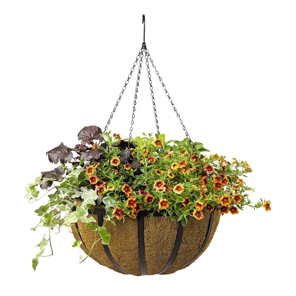 Metal Hanging Planter Basket Round Wire Plant Holder Pots Hanger Iron with Chain Porch Decor Flower with Coco Coir Liner 14 Inch