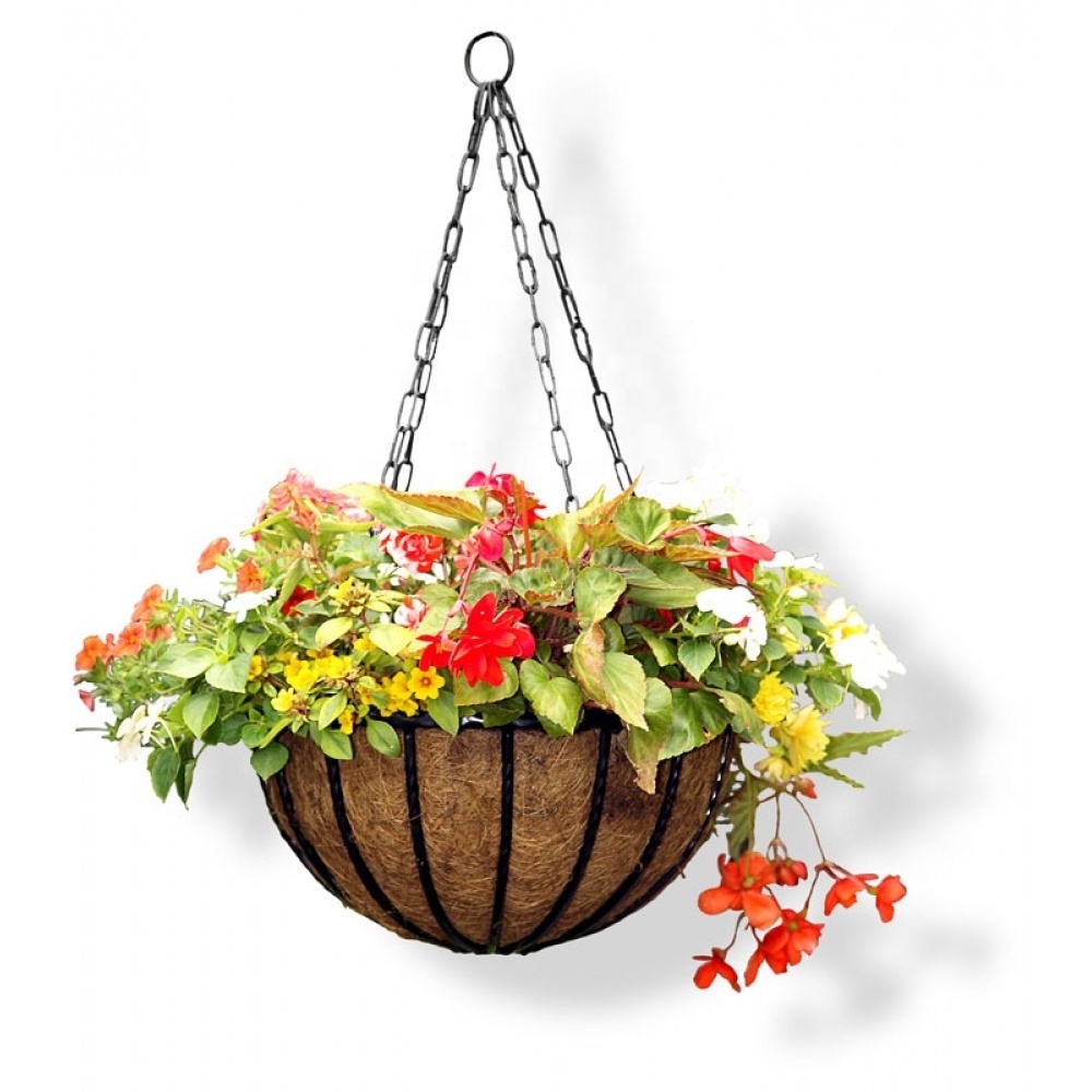 Metal Hanging Planter Basket Round Wire Plant Holder Pots Hanger Iron with Chain Porch Decor Flower with Coco Coir Liner 14 Inch