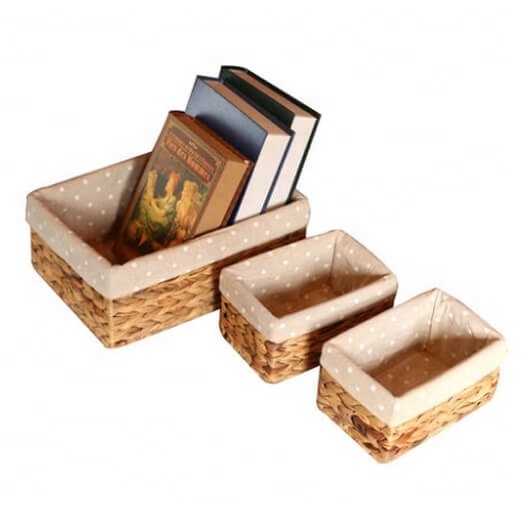 Set Of 3 Rectangular Fruit Basket  Water Hyacinth Woven Storage baskets and Toy Storage basket with cloth cover