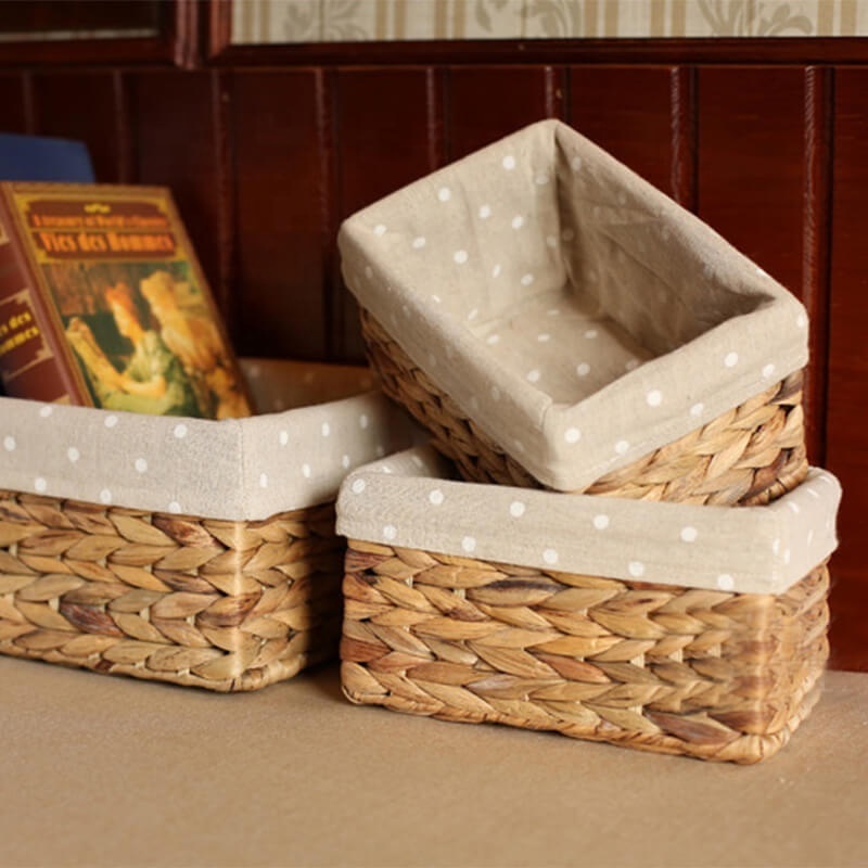 Set Of 3 Rectangular Fruit Basket  Water Hyacinth Woven Storage baskets and Toy Storage basket with cloth cover