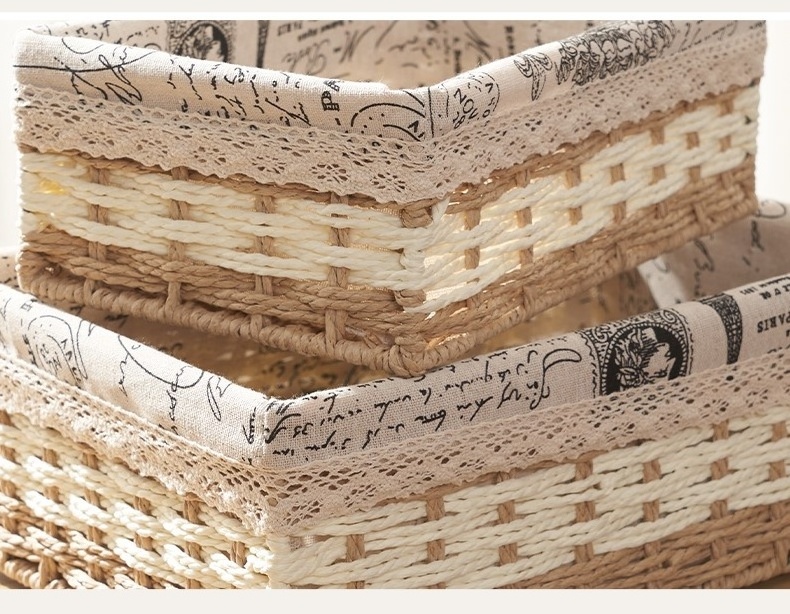 Hand-Woven Paper Rope Storage Basket Metal Desktop Cosmetics Coffee Table Storage Box Cloth Cover Hanging Wicker Basket