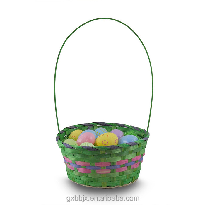 15'' Wholesale Hand-woven Round Rainbow Bamboo Easter Baskets With Handle