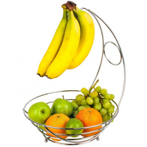 Factory Wholesale 14.75\" Tall Metal Wire Chrore Iron Hanger Fruit Basket with Banana Holder Convenient Hanging Storage Design