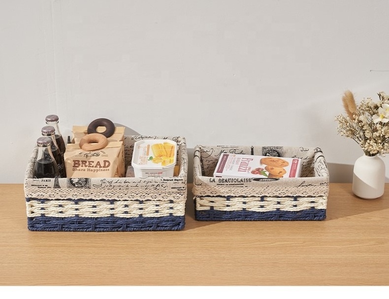 Hand-Woven Paper Rope Storage Basket Metal Desktop Cosmetics Coffee Table Storage Box Cloth Cover Hanging Wicker Basket