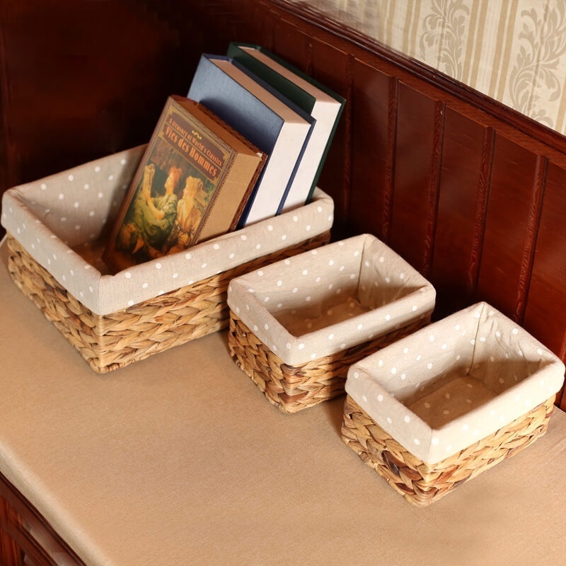 Set Of 3 Rectangular Fruit Basket  Water Hyacinth Woven Storage baskets and Toy Storage basket with cloth cover