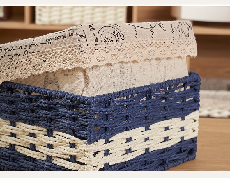 Hand-Woven Paper Rope Storage Basket Metal Desktop Cosmetics Coffee Table Storage Box Cloth Cover Hanging Wicker Basket