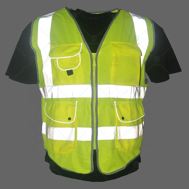 Stock or custom construction security high visibility reflective fluorescent worker vest with  pockets for men roadway safety