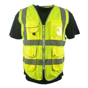 Stock or custom construction security high visibility reflective fluorescent worker vest with  pockets for men roadway safety