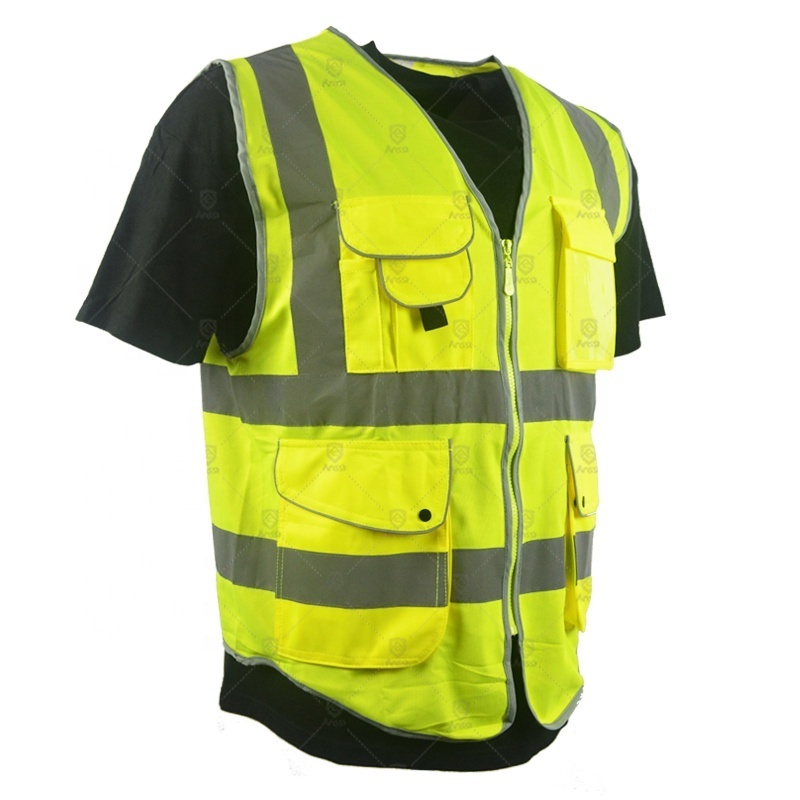 Stock or custom construction security high visibility reflective fluorescent worker vest with  pockets for men roadway safety