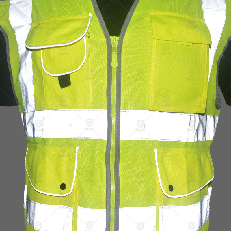 Cheap high visibility yellow mesh fabric ansi class 2 safety hi vis reflective vest with zipper and pockets