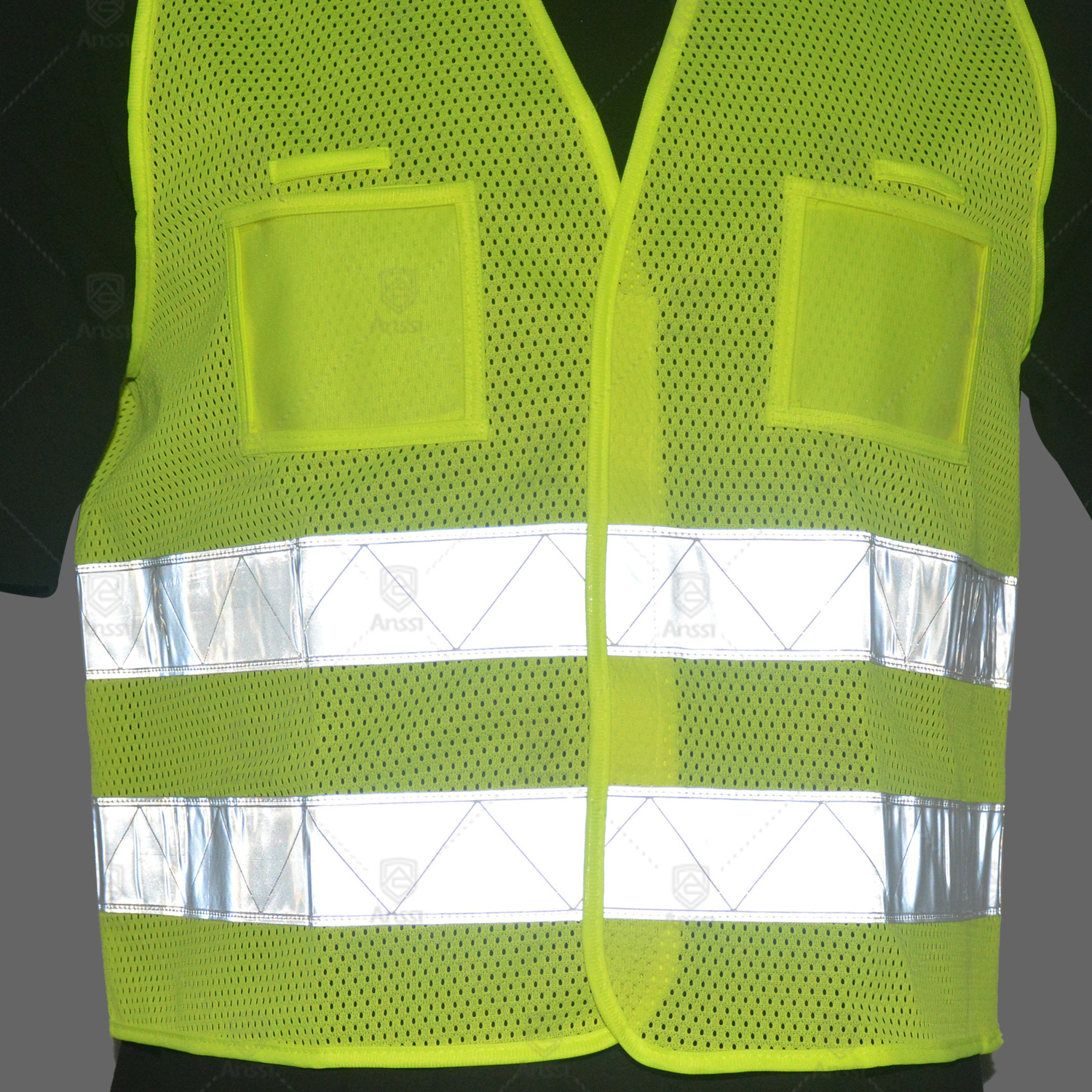 Cheap high visibility yellow mesh fabric ansi class 2 safety hi vis reflective vest with zipper and pockets