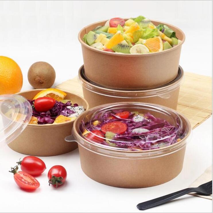 Antique Printed White Kraft Vegetables and Salad Cutting Paper Food Takeout Container Bowl with Lid Disposable 520 cc