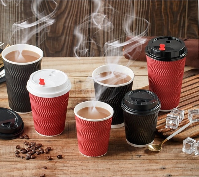 High Quality 3 Layer Black Craft Paper disposable insulated 2 layer Printed ripple double wall red paper cup with lid