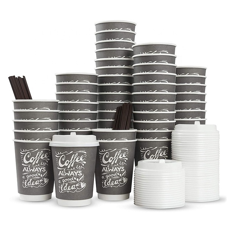 Wholesale 8Oz 12Oz 16Oz 10Oz Disposable Paper Cups Customized hot Coffee  double wall paper cups With lids for hot drinks