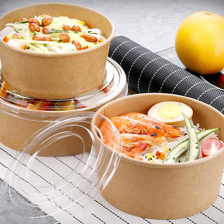 Antique Printed White Kraft Vegetables and Salad Cutting Paper Food Takeout Container Bowl with Lid Disposable 520 cc