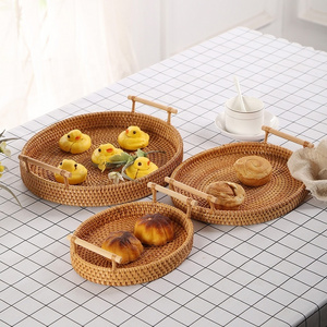 Woven Storage Bread Basket Set Vietnam Boho Retro Style Round Rattan Serving Tray With Handles